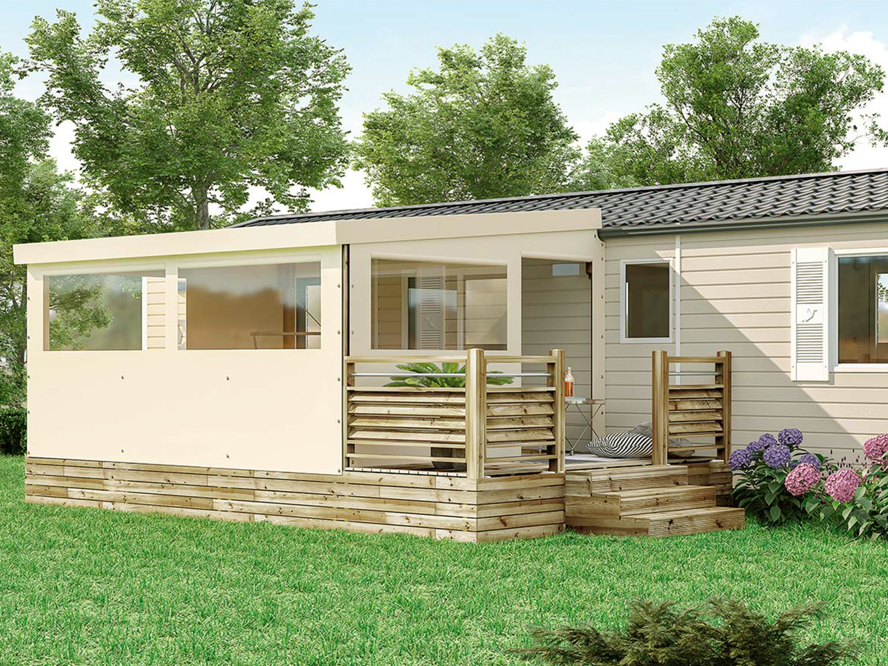 La terrasse bois couverte pour votre mobilhome Clairval